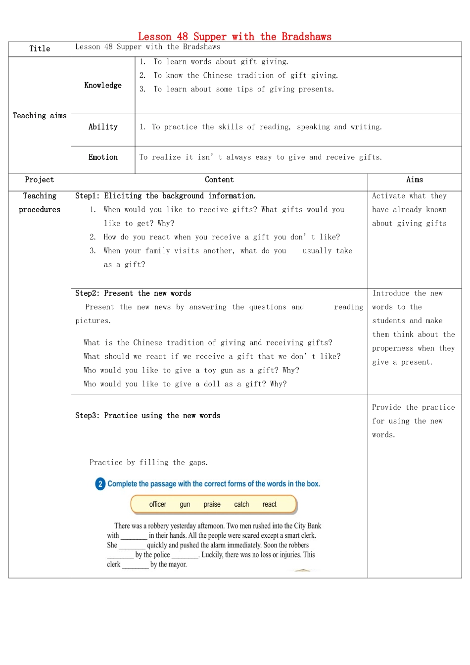 九年级英语下册 Unit 8 Lesson 48 Supper with the Bradshaws教学设计 （新版）冀教版_第1页