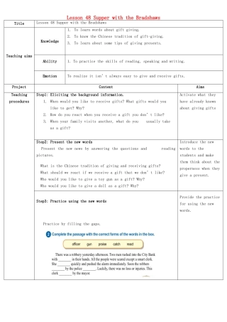 九年级英语下册 Unit 8 Lesson 48 Supper with the Bradshaws教学设计 （新版）冀教版