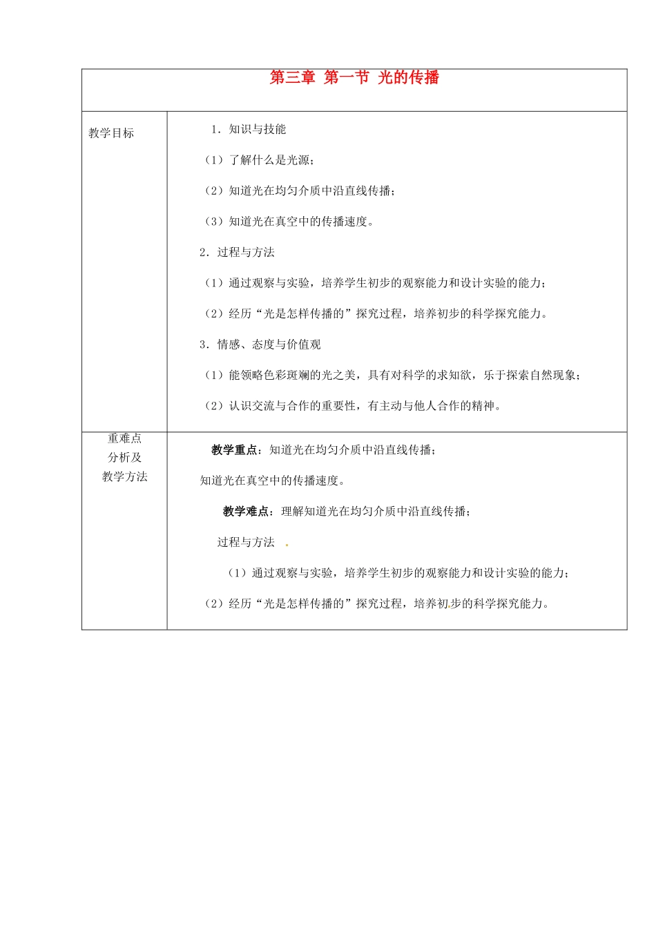 八年级物理上册 第三章 第一节 光的传播教案2 鲁教版五四制-鲁教版五四制初中八年级上册物理教案_第1页