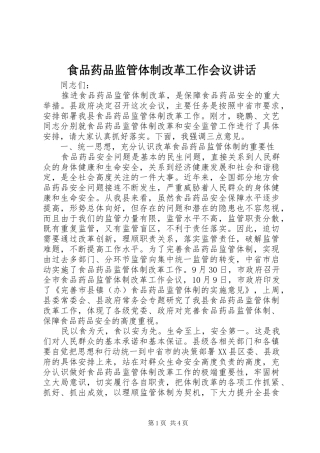 食品药品监管体制改革工作会议讲话发言