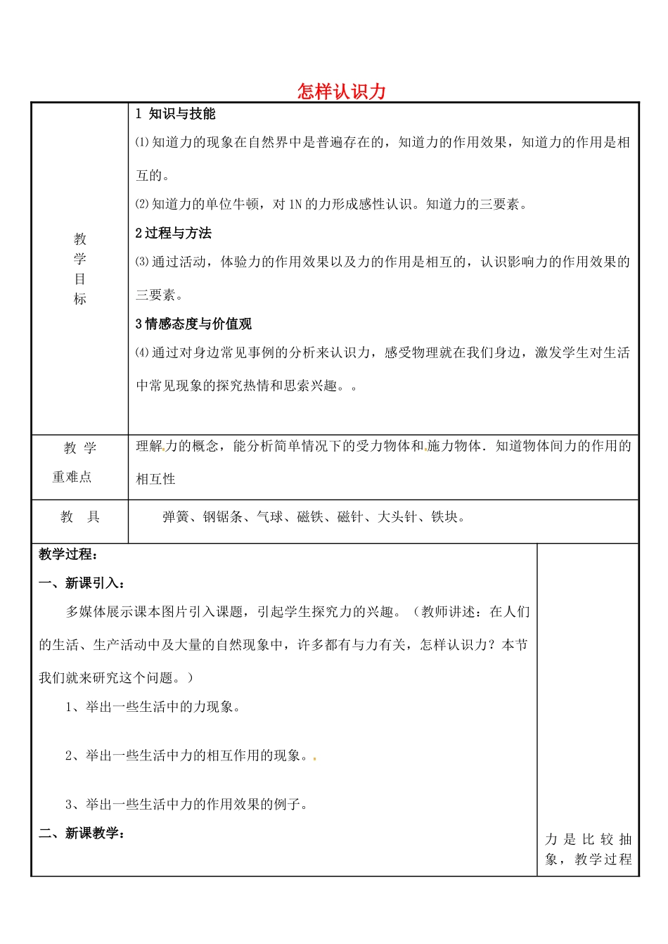 八年级物理下册 6.1 怎样认识力教案 粤教沪版-粤教沪版初中八年级下册物理教案_第1页