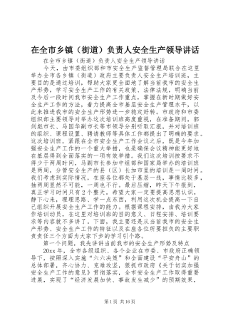在全市乡镇（街道）负责人安全生产领导讲话发言