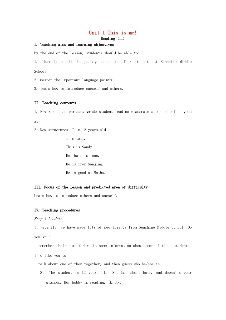 七年级英语上册 Unit 1 This is me Reading II教案 （新版）牛津版-（新版）牛津版初中七年级上册英语教案_第1页