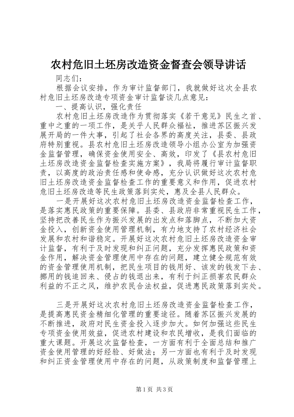 农村危旧土坯房改造资金督查会领导讲话发言_第1页