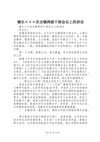 镇长×××在全镇两级干部会议上的讲话发言