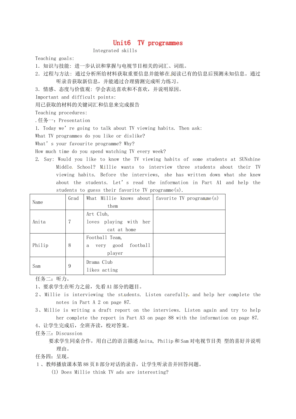 九年级英语上册《Unit 6 TV programmes Integrated skills》教案 （新版）牛津版-（新版）牛津版初中九年级上册英语教案_第1页