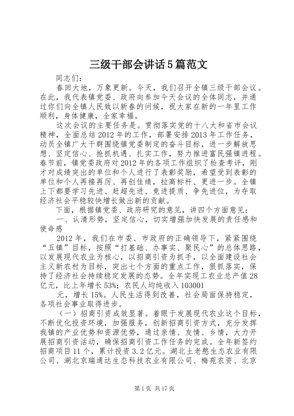 三级干部会讲话发言5篇范文_第1页