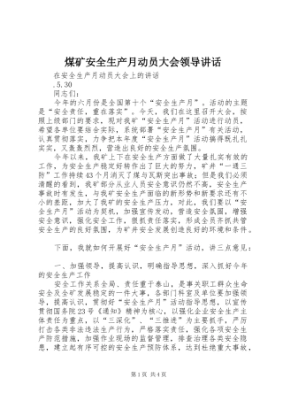 煤矿安全生产月动员大会领导讲话发言