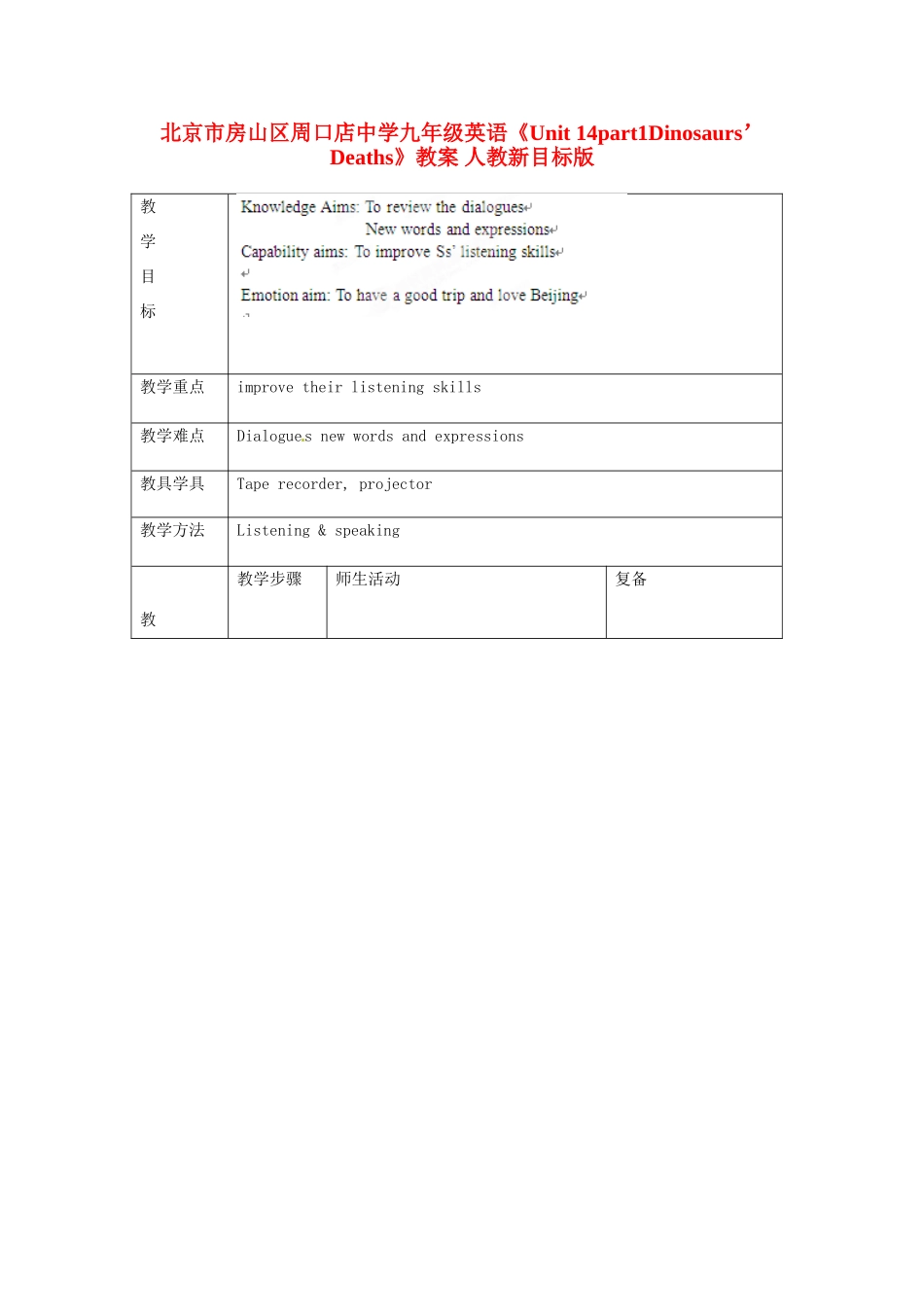 北京市房山区周口店中学九年级英语《Unit 14part1Dinosaurs’ Deaths》教案 人教新目标版_第1页