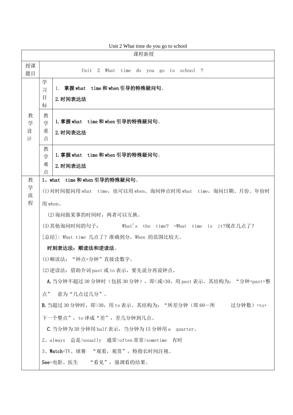 七年级英语下册 Unit 2 What time do you go to school讲义习题（无答案）（新版）人教新目标版-（新版）人教新目标版初中七年级下册英语教案_第1页