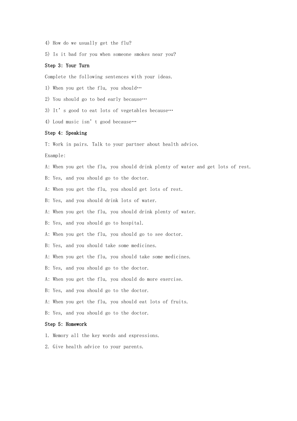 八年级英语上册 Unit 2 Keeping Healthy Topic 3 Must we do exercise to prevent the flu Section C教案1 （新版）仁爱版-（新版）仁爱版初中八年级上册英语教案_第2页