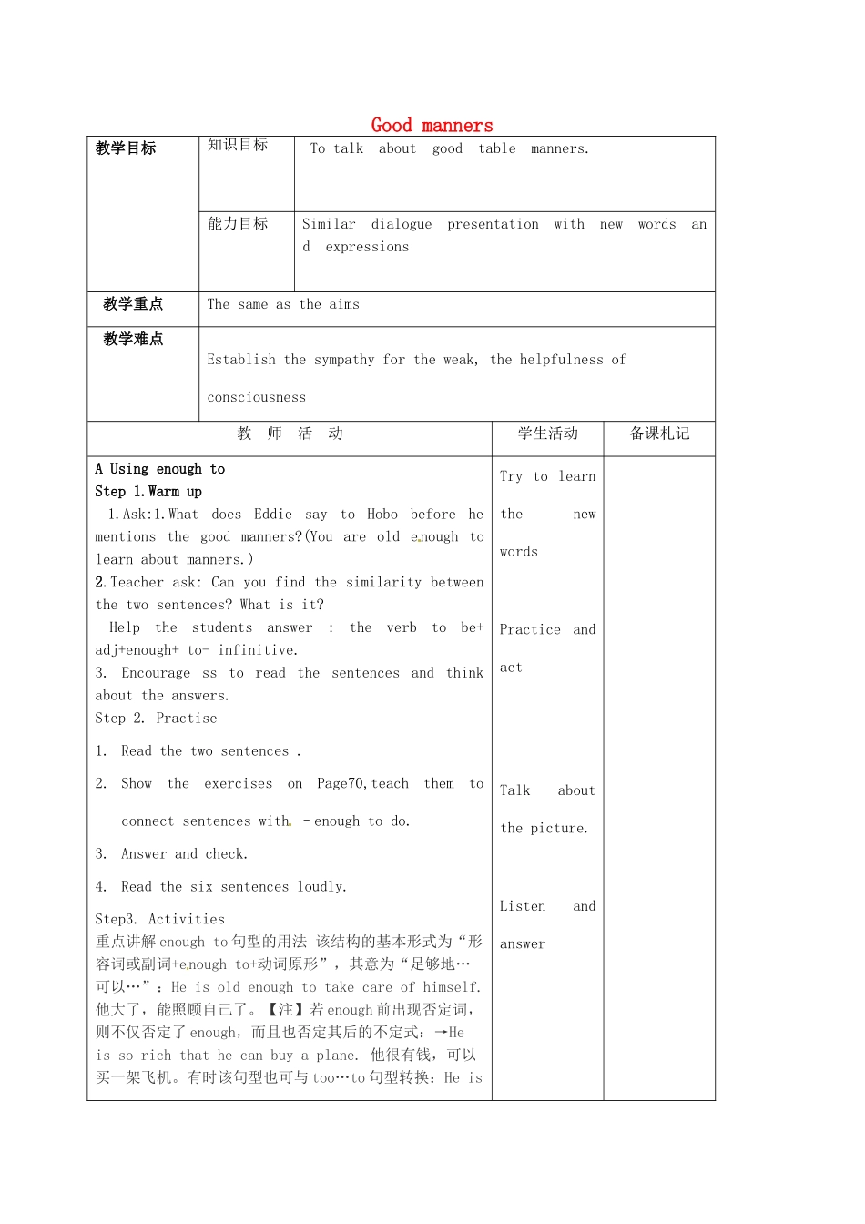 八年级英语下册《Unit 5 Good manners Period 4》教案 （新版）牛津版-（新版）牛津版初中八年级下册英语教案_第1页