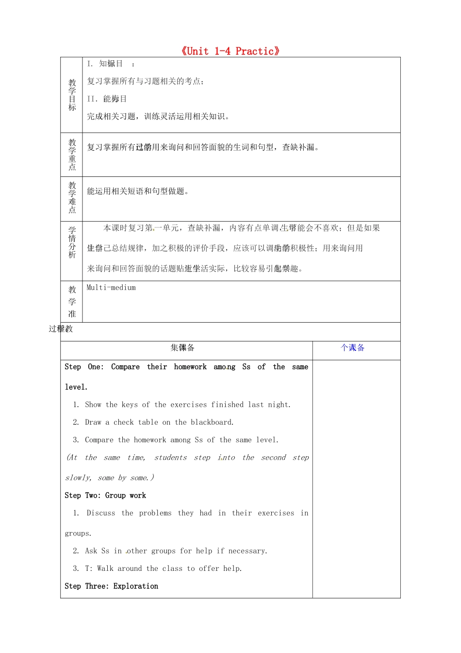 七年级英语上册《Unit 1-4 Practic》复习教案 鲁教版五四制-鲁教版五四制初中七年级上册英语教案_第1页