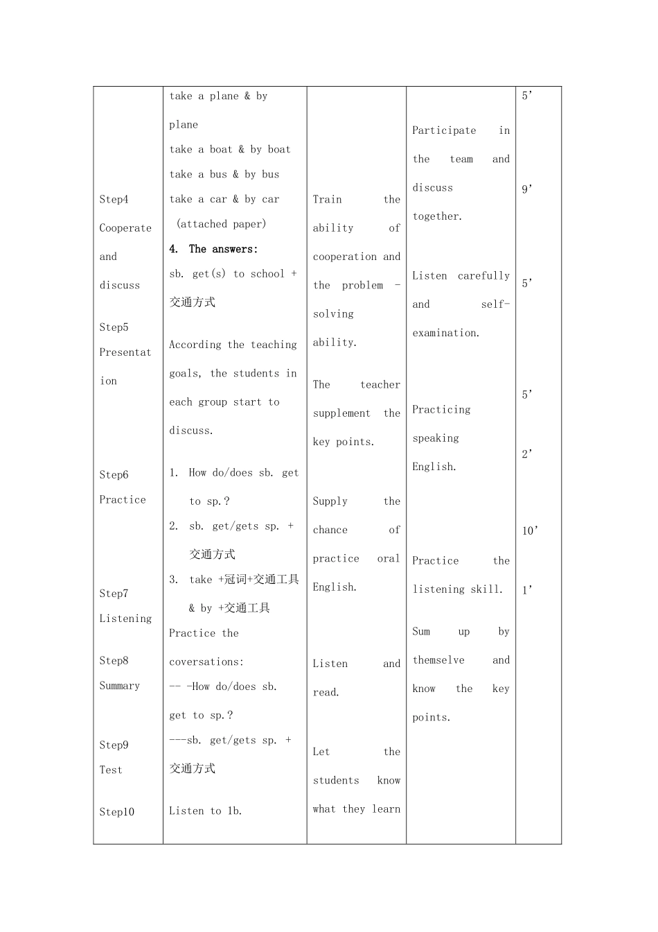 八年级英语上册 unit4 How do you get to school第一课时教案 人教新目标版_第3页