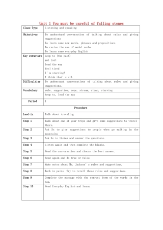 九年级英语下册 Module 4 Unit 1 You must be careful of falling stones教案 （新版）外研版