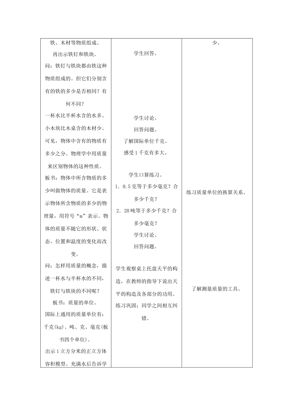 八年级物理全册 5.1 质量教案 （新版）沪科版-（新版）沪科版初中八年级全册物理教案_第3页