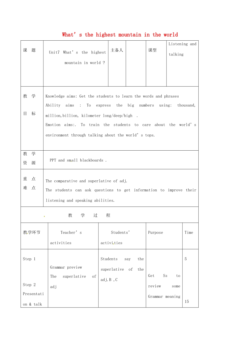 吉林省双辽市八年级英语下册 Unit 7 What’s the highest mountain in the world Section A（1a-2d）教案 （新版）人教新目标版-（新版）人教新目标版初中八年级下册英语教案_第1页