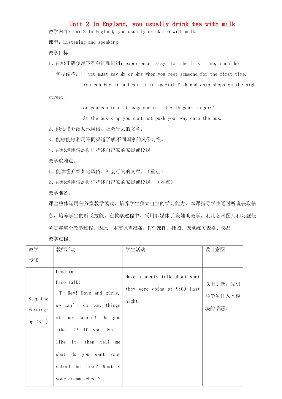 八年级英语上册 Module 11 Unit 2 In England, you usually drink tea with milk教案 （新版）外研版-（新版）外研版初中八年级上册英语教案_第1页