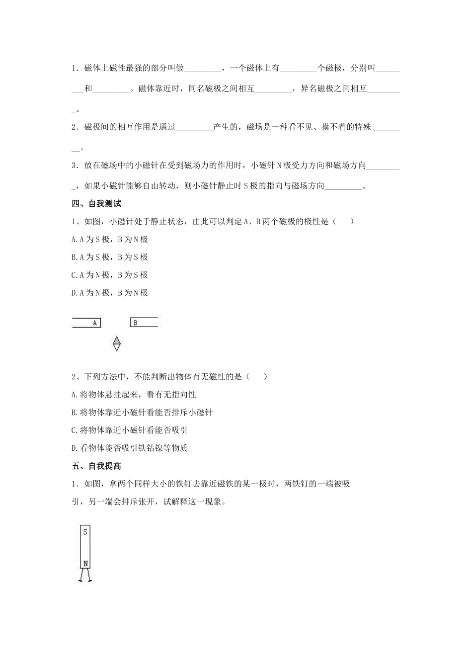 九年级物理下册 第十六章 第1节《磁体与磁场（第1课时）》学案（无答案）（新版）苏科版_第2页