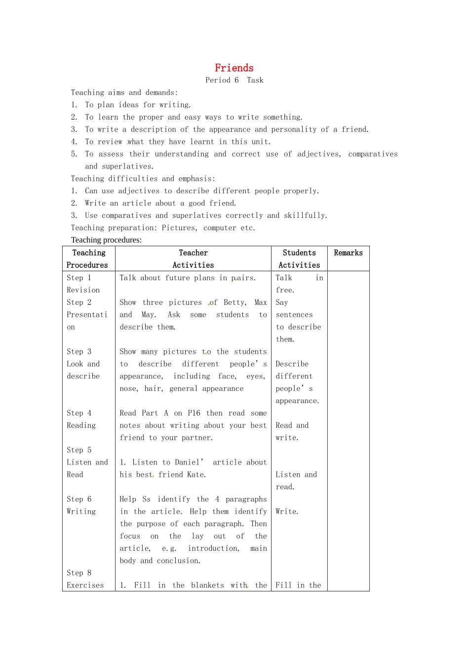 八年级英语上册 Unit 1 Friends Period 6 Task教案 （新版）牛津版-（新版）牛津版初中八年级上册英语教案_第1页