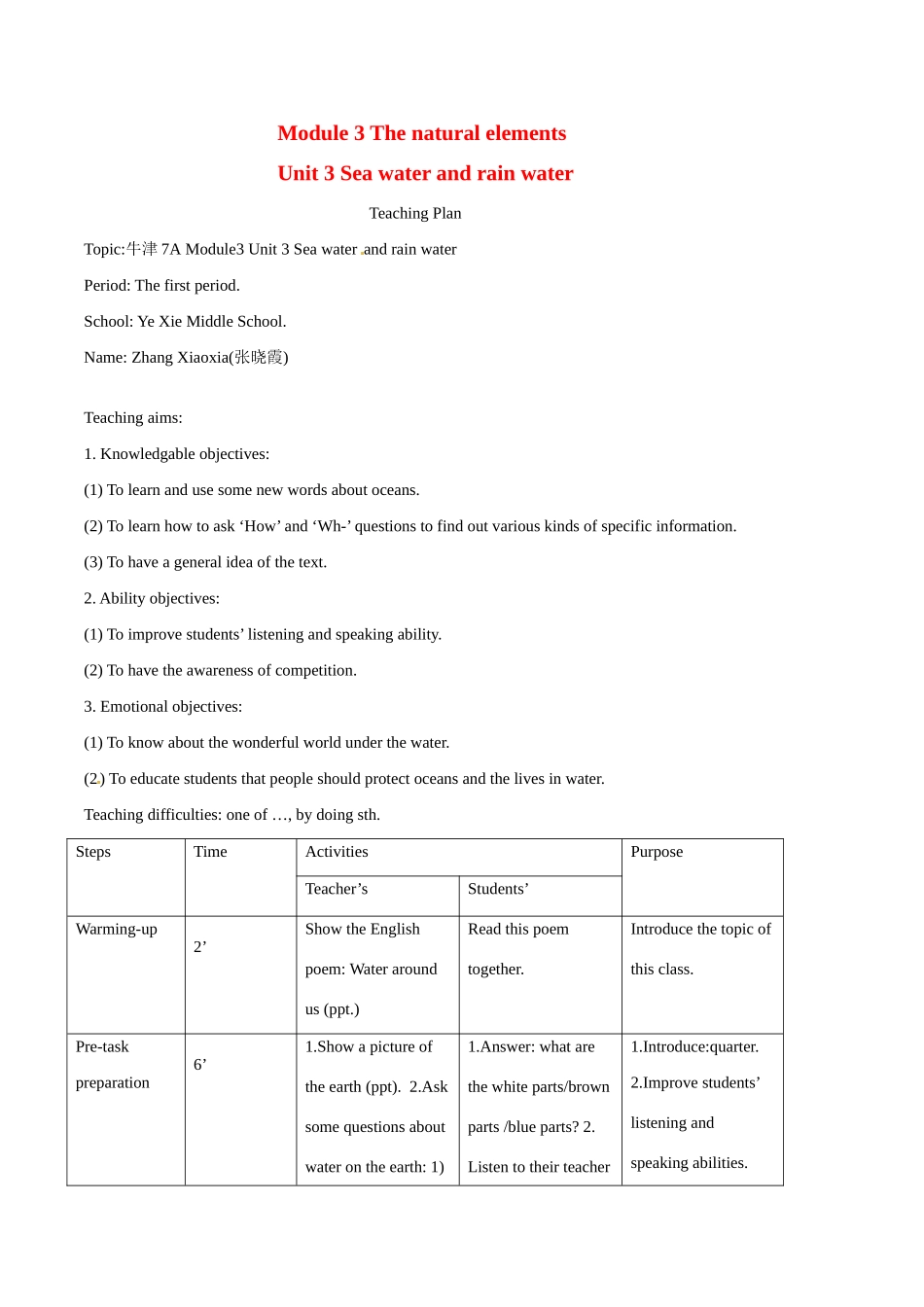 七年级英语：Module 3 Unit 3 Sea water and rain water Period 1教案上海牛津版_第1页