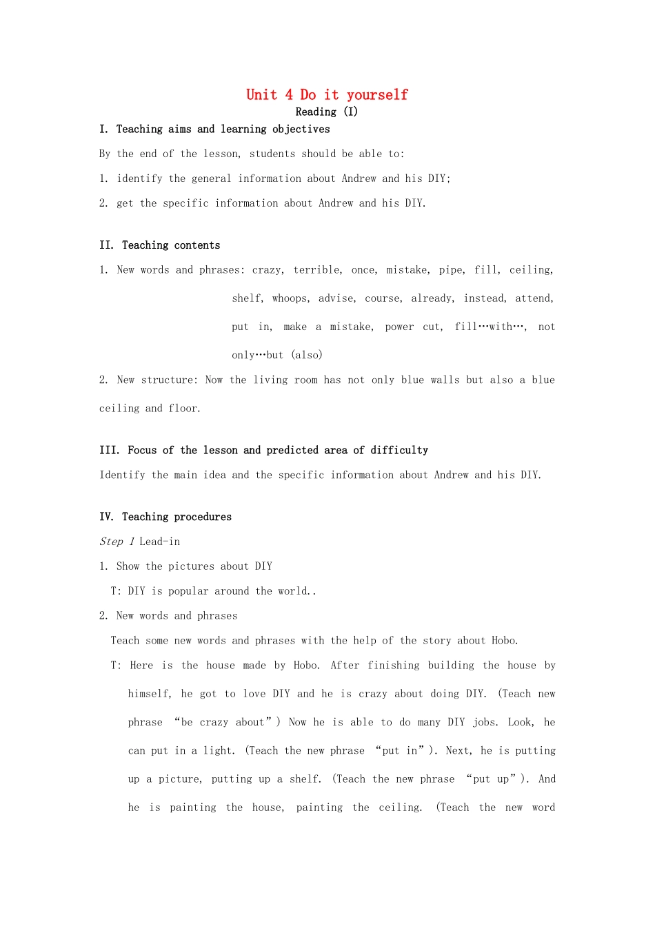 八年级英语上册 Unit 4 Do it yourself Reading I教案 （新版）牛津版-（新版）牛津版初中八年级上册英语教案_第1页