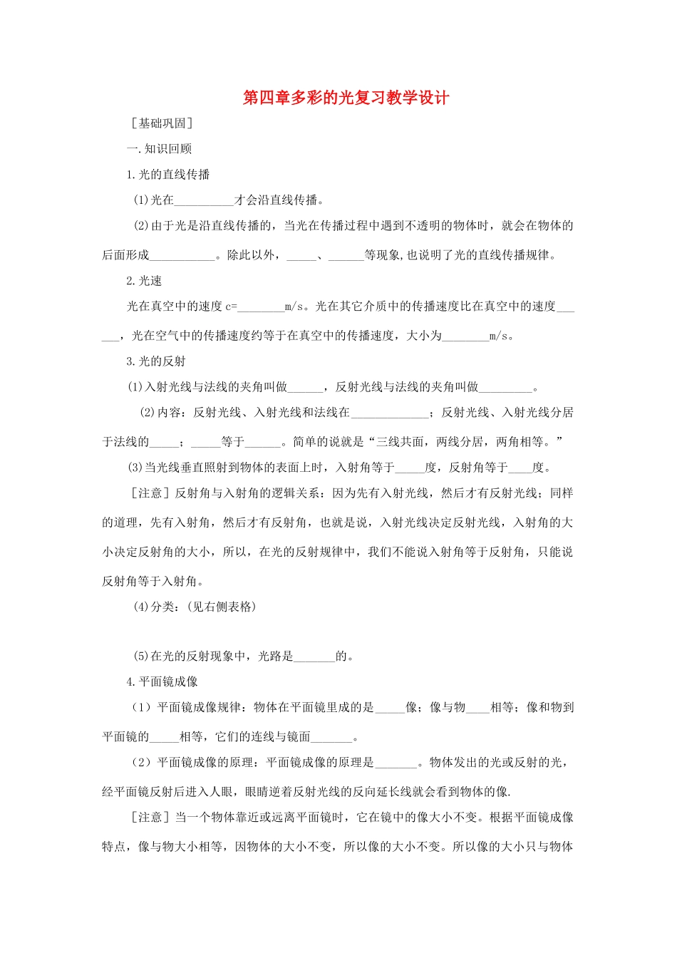 八年级物理 第四章多彩的光复习教学设计 沪科版_第1页