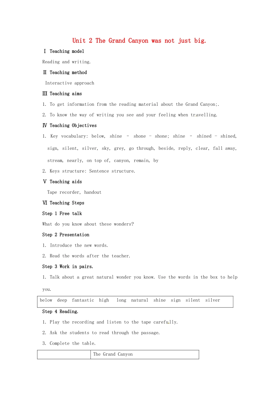 九年级英语上册 Module 1 Unit 2 The Grand Canyon was not just big教案 （新版）外研版-（新版）外研版初中九年级上册英语教案_第1页