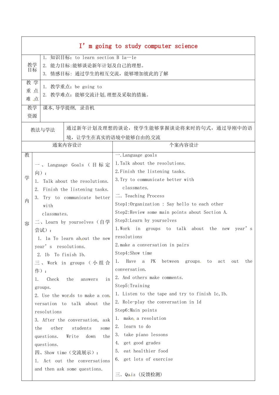 七年级英语下册 Unit 2 I’m going to study computer science教案4 鲁教版五四制-鲁教版五四制初中七年级下册英语教案_第1页