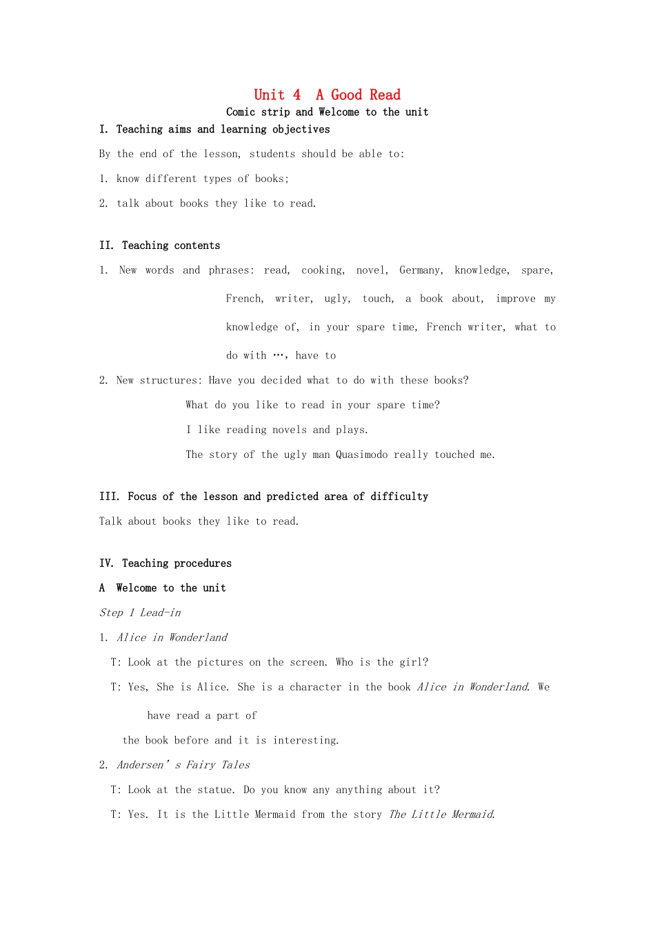 八年级英语下册 Unit 4 A good read Welcome to the unit教案 （新版）牛津版-（新版）牛津版初中八年级下册英语教案_第1页