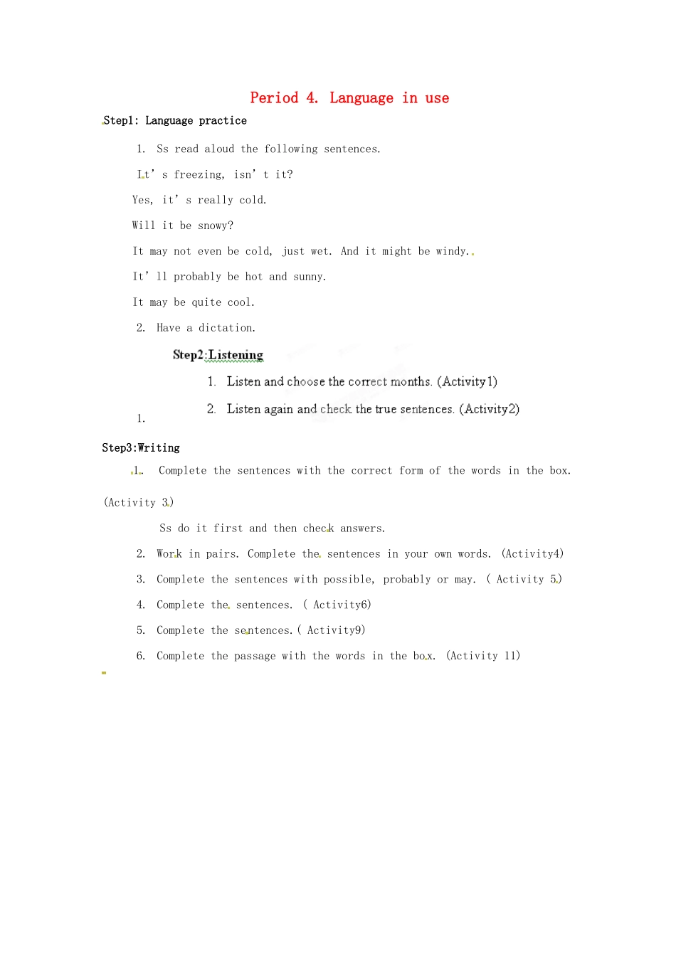 天津市武清区杨村第五中学八年级英语上册《Module 11 The weather Period 4 Language in use》教案 外研版_第1页