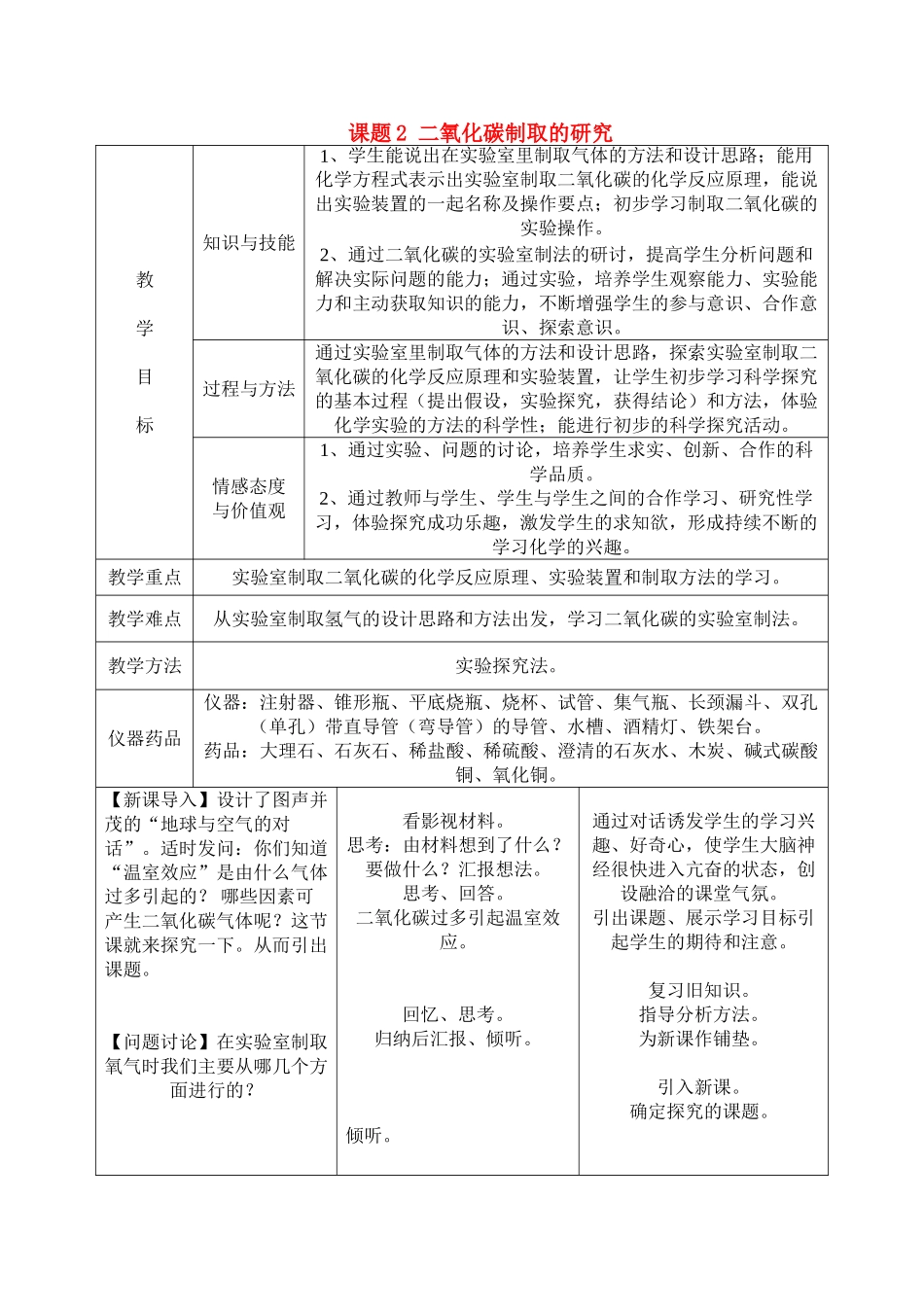 九年级化学上册 6.2二氧化碳制取的研究教案3._第1页