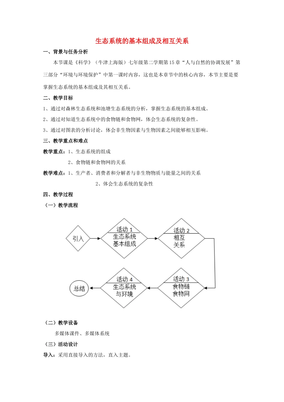七年级科学下册 第15章 人与自然的协调发展 15.3 环境与环境保护 生态系统的基本组成与相互关系教案 牛津上海版-牛津上海版初中七年级下册自然科学教案_第1页