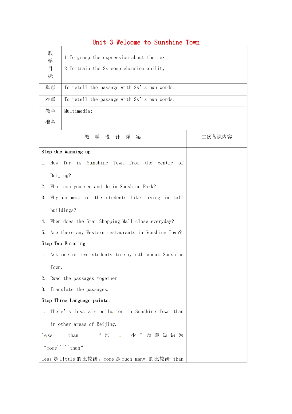七年级英语下册《Unit 3 Welcome to Sunshine Town Reading 2》教案 （新版）牛津版-（新版）牛津版初中七年级下册英语教案_第1页