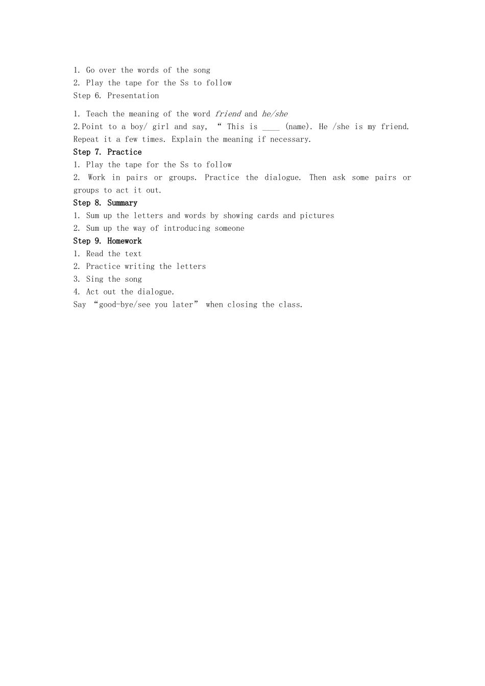 七年级英语上册 Unit 1 School and Numbers Lesson 5 What’this & Lesson 6 My friend教案 冀教版_第3页