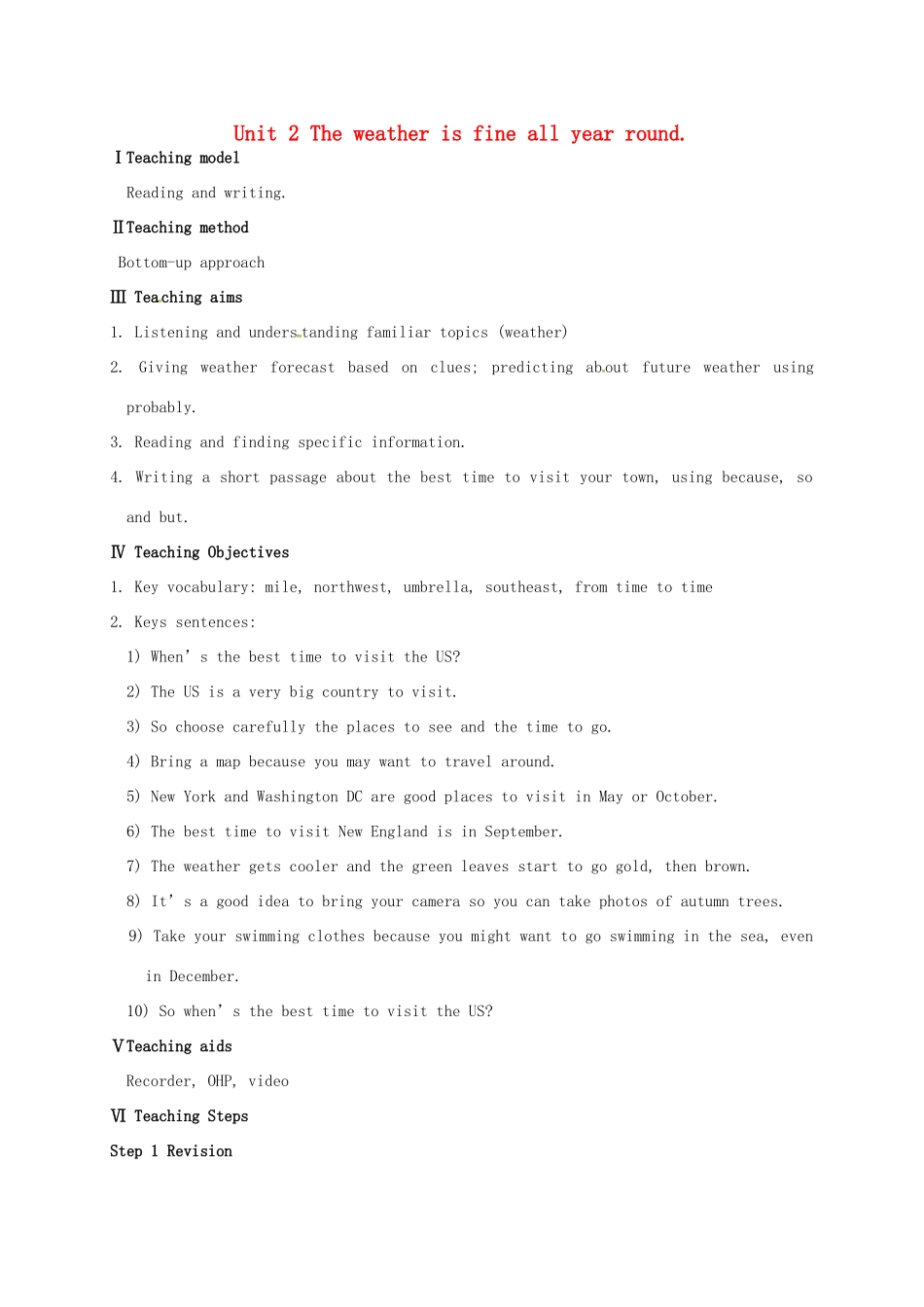 学年八年级英语上册 Module 10 The weather Unit 2 The weather is fine all year round教案 （新版）外研版-（新版）外研版初中八年级上册英语教案_第1页