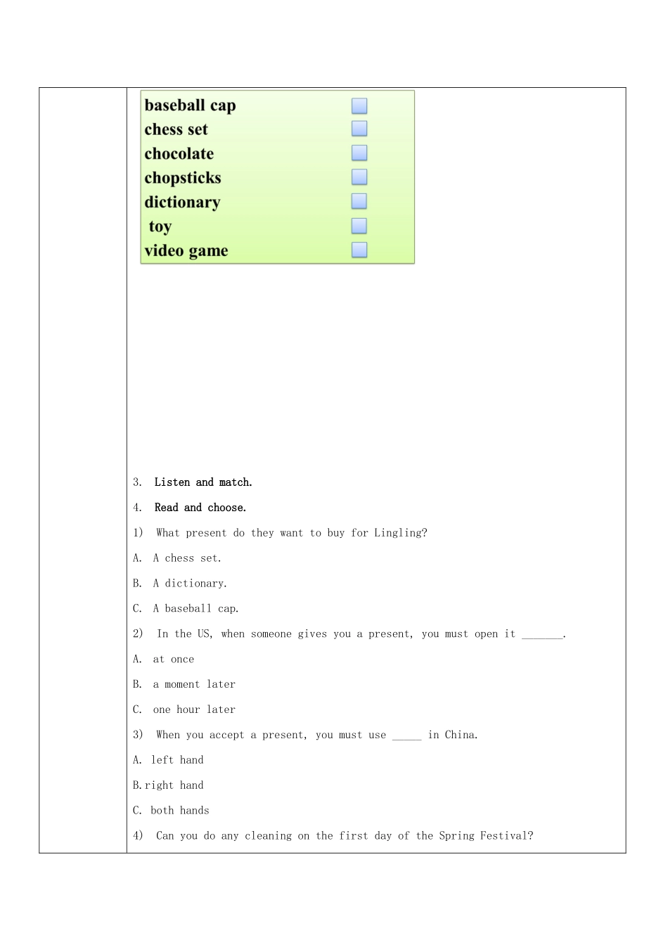 学年八年级英语上册 Module 11 Way of life Unit 1 In China ，we open a gift later教案 （新版）外研版-（新版）外研版初中八年级上册英语教案_第2页
