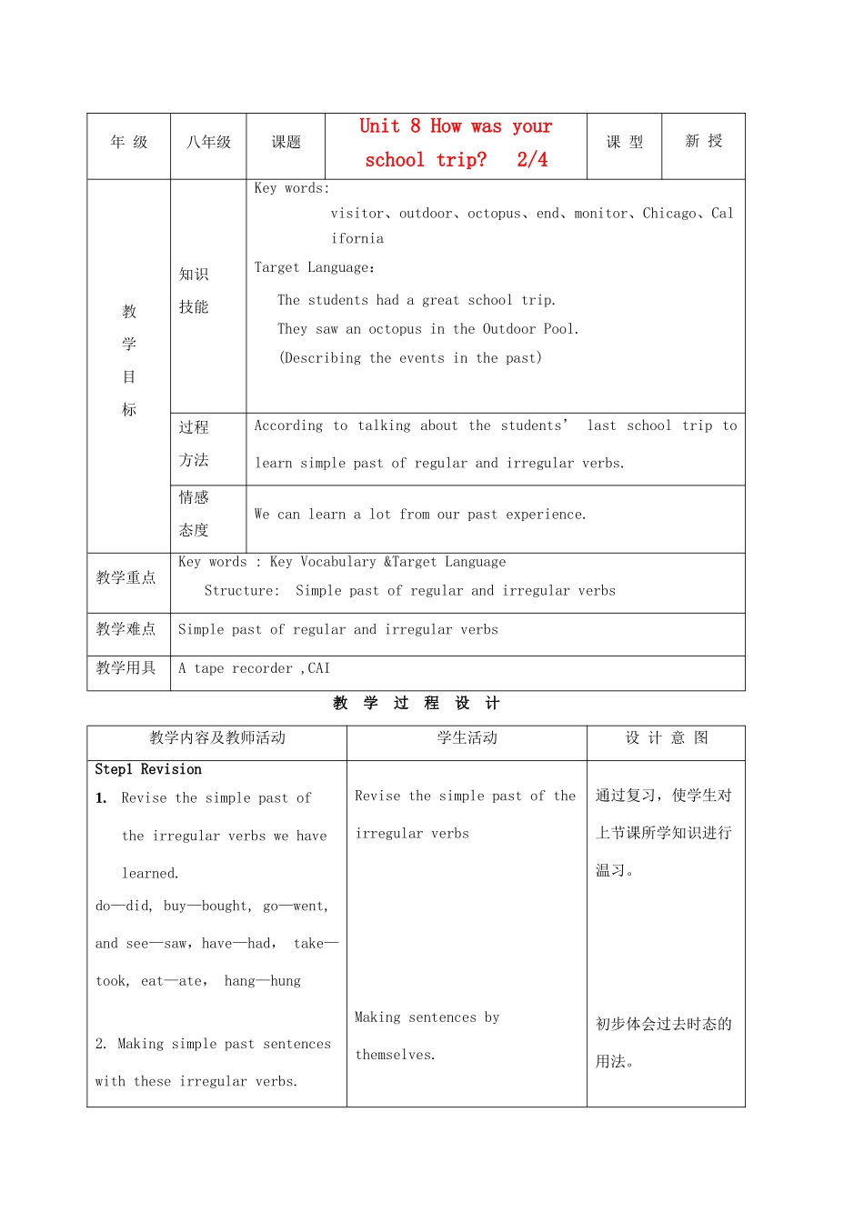 八年级英语上册 Unit 8 How was your school trip示范教案2 人教新目标版_第1页