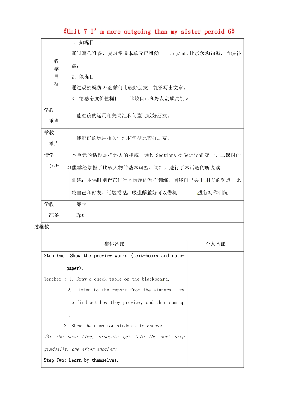 七年级英语上册《Unit 7 I’m more outgoing than my sister period 6》教案 鲁教版五四制-鲁教版五四制初中七年级上册英语教案_第1页