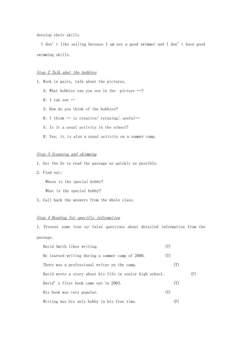 天津市武清区杨村第五中学八年级英语下册《Module 1 Hobbies（第三课时）Vocabulary and reading》教案 外研版_第2页