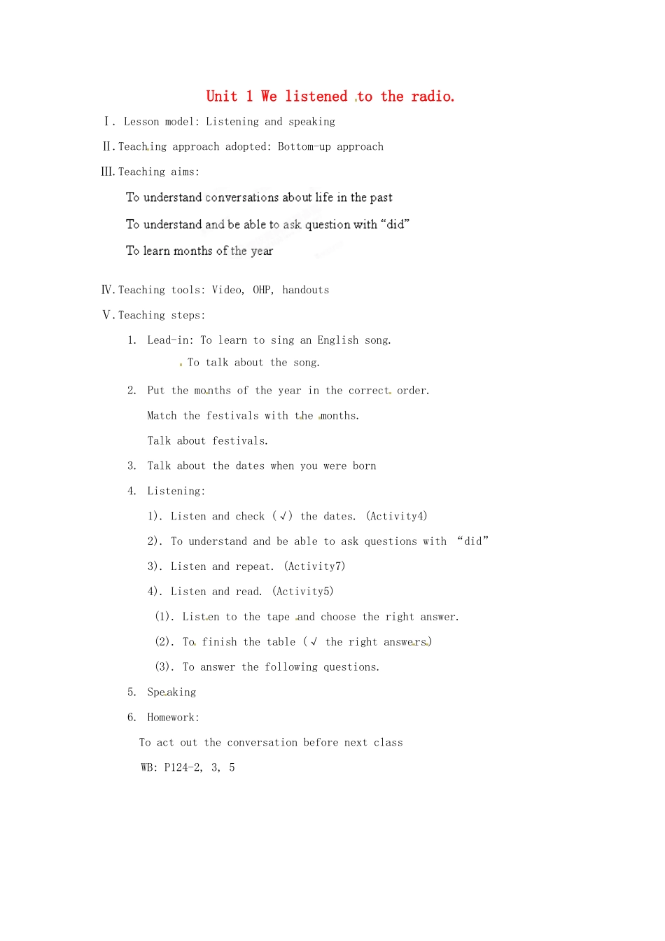 天津市武清区杨村第五中学八年级英语上册《Module 10 Lao She’s Teahouse Unit 1 We listened to the radio.》教案 外研版_第1页