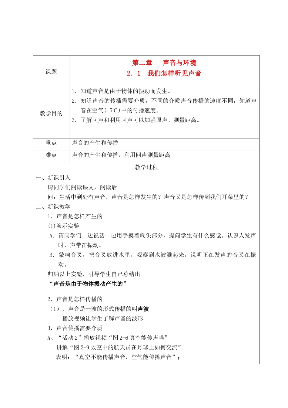 八年级物理上册 第二章声音和环境教案 沪粤版_第1页