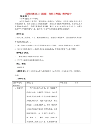九年级物理 16.3《能源：危机与希望》教案 北师大版