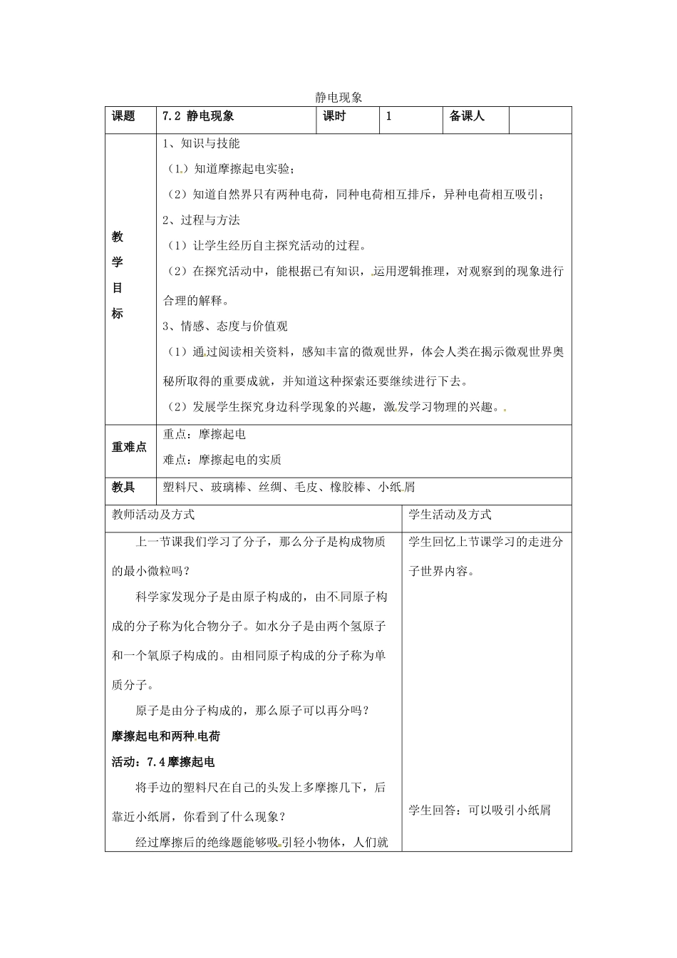 八年级物理下册 7.2《静电现象》教案 苏科版-苏科版初中八年级下册物理教案_第1页