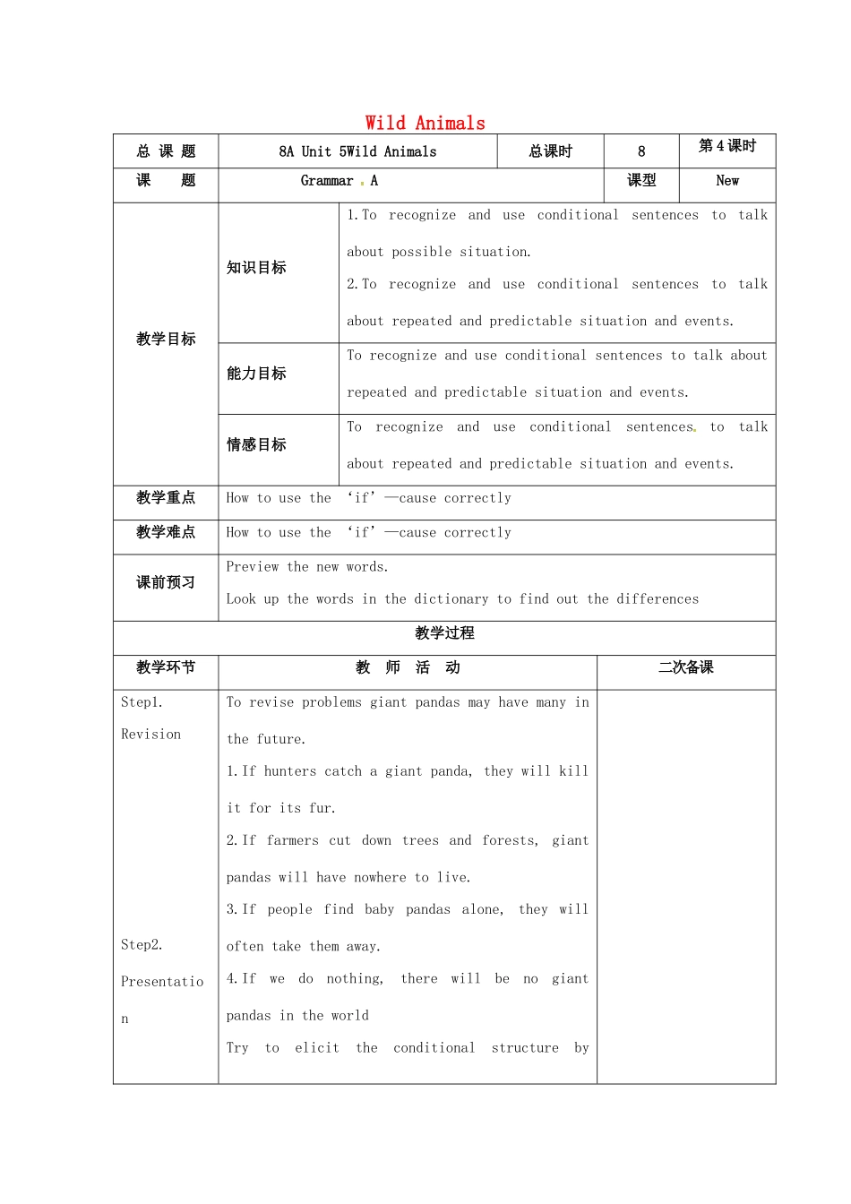 八年级英语上册 Unit 5 Wild Animals Grammar A教案 （新版）牛津版-（新版）牛津版初中八年级上册英语教案_第1页