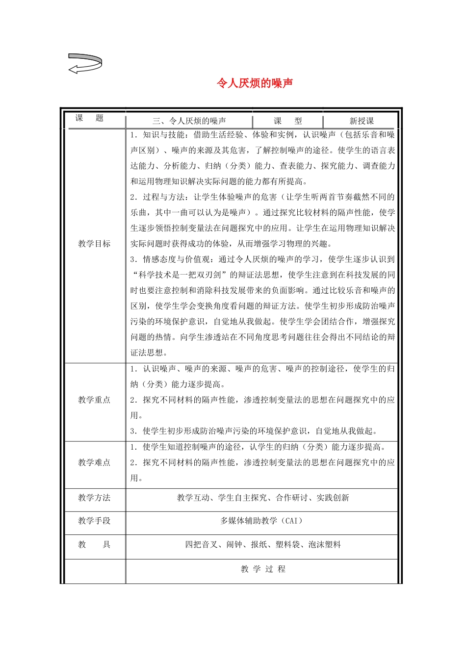 八年级物理上册 令人厌烦的噪声教案2 苏科版_第1页
