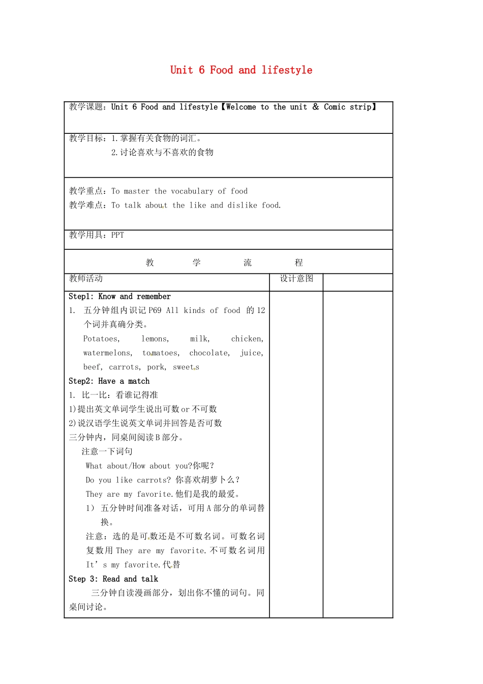 七年级英语上册 Unit 6 Food and lifestyle Welcome to the Unit and comic strip教案 （新版）牛津版-（新版）牛津版初中七年级上册英语教案_第1页
