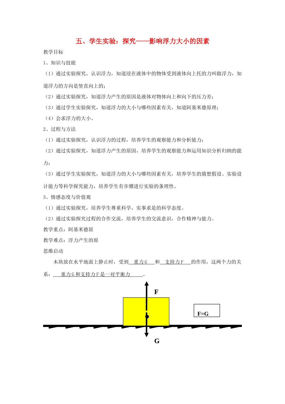 八年级物理下册《8.5 学生实验 探究—影响浮力大小的因素》教案2 （新版）北师大版_第1页