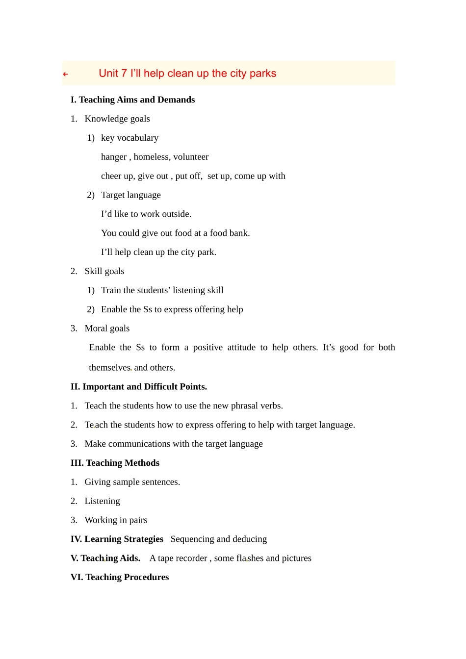 八年级英语下册：Unit 7 I’ll help clean up the city parks（教案7）鲁教版_第1页