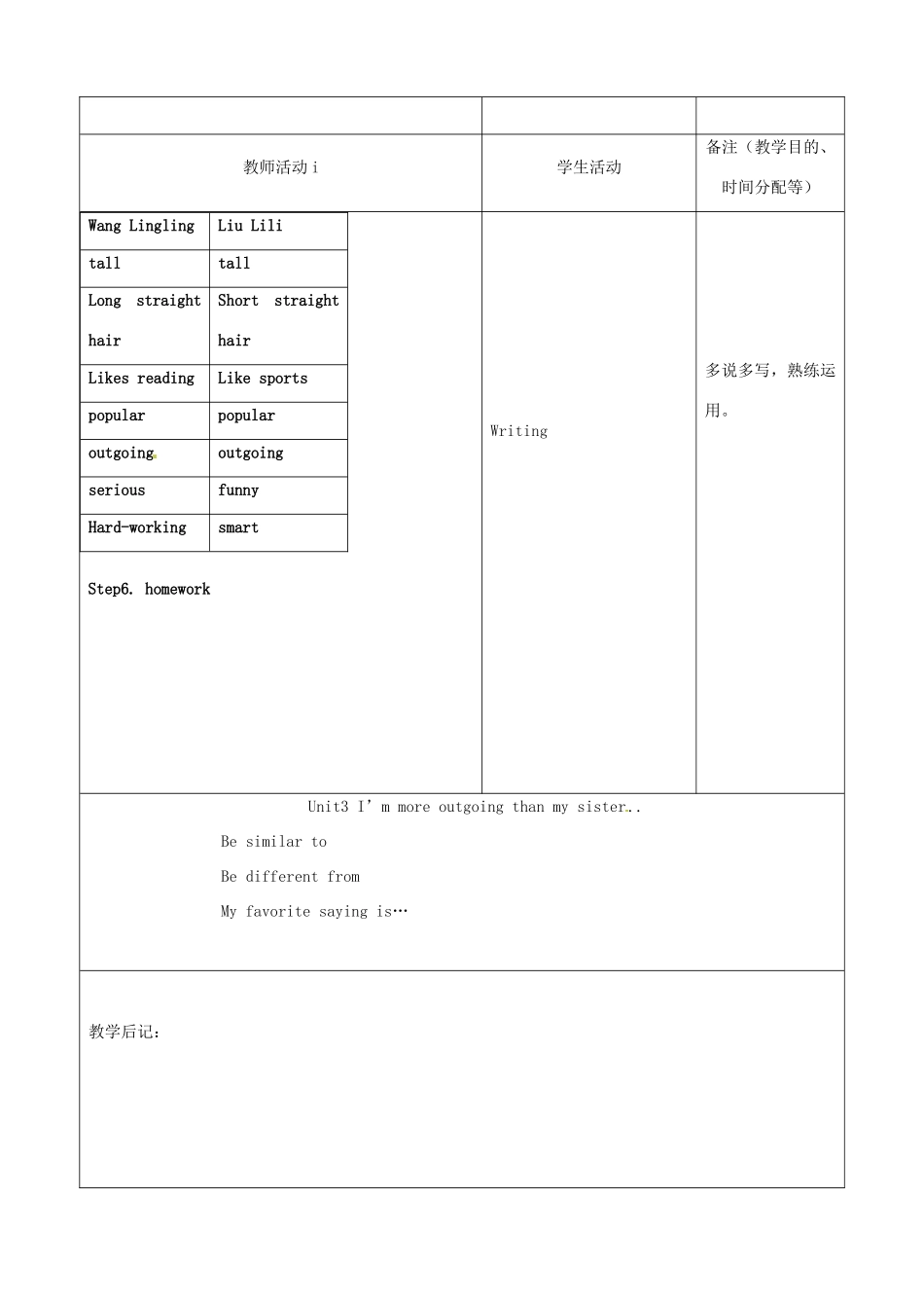 吉林省四平市第十七中学八年级英语上册 Unit 3 I’m more outgoing than my sister（第5课时）教案 （新版）人教新目标版_第3页